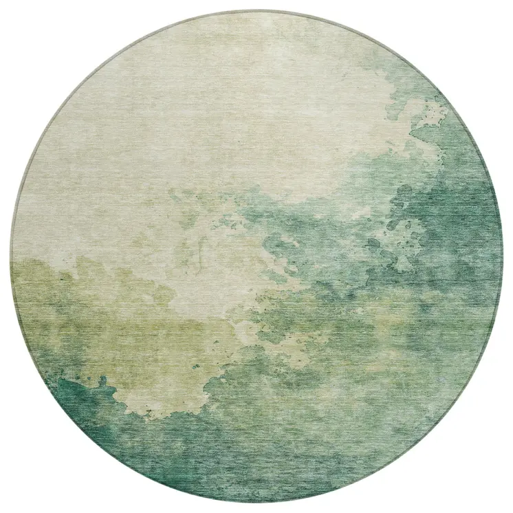 8' Green And Ivory Round Abstract Washable Indoor Outdoor Area Rug