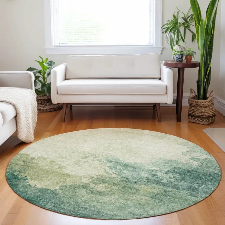 8' Green And Ivory Round Abstract Washable Indoor Outdoor Area Rug