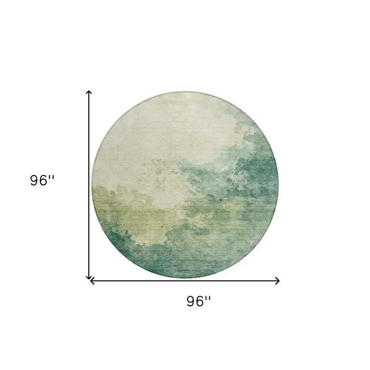 8' Green And Ivory Round Abstract Washable Indoor Outdoor Area Rug