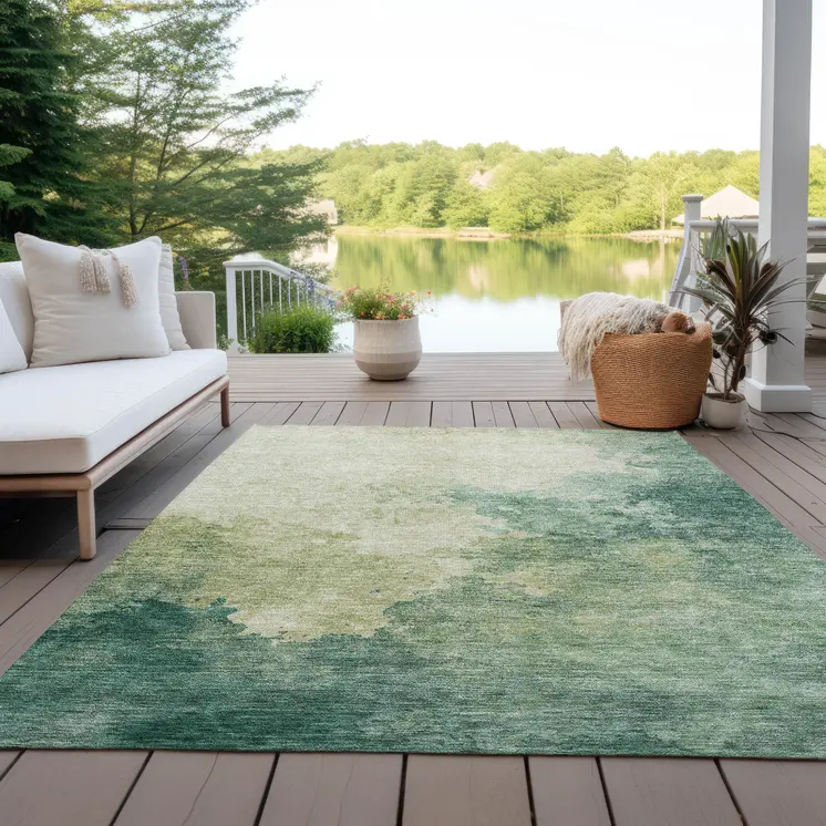 9' X 12' Green And Ivory Abstract Washable Indoor Outdoor Area Rug