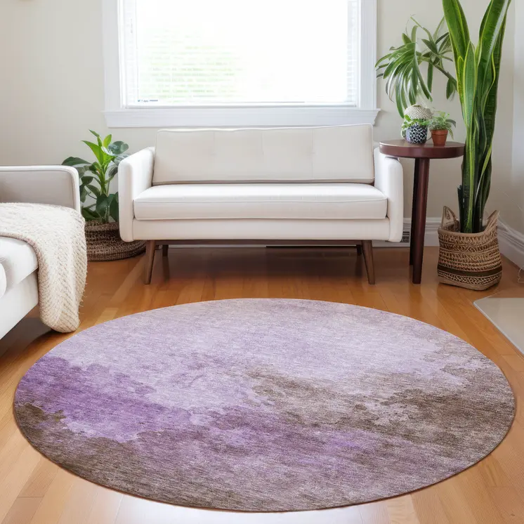 8' Lavender Brown And Ivory Round Abstract Washable Indoor Outdoor Area Rug