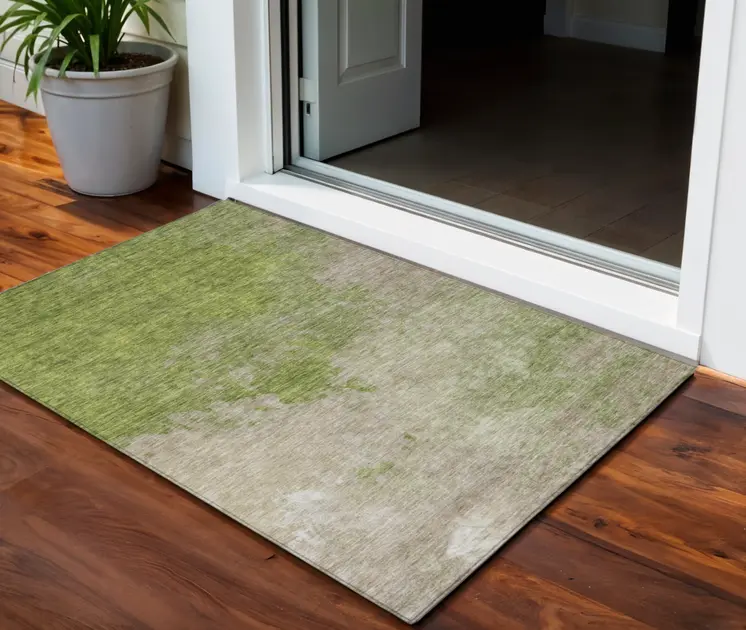 3' X 5' Olive Green And Beige Abstract Washable Indoor Outdoor Area Rug