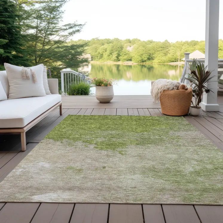 5' X 8' Olive Green And Beige Abstract Washable Indoor Outdoor Area Rug