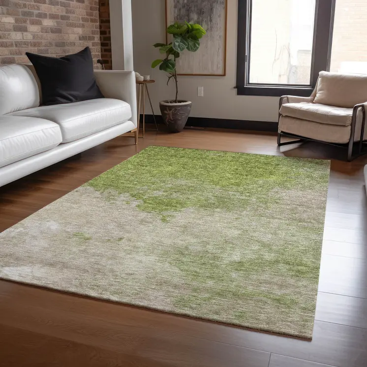 5' X 8' Olive Green And Beige Abstract Washable Indoor Outdoor Area Rug