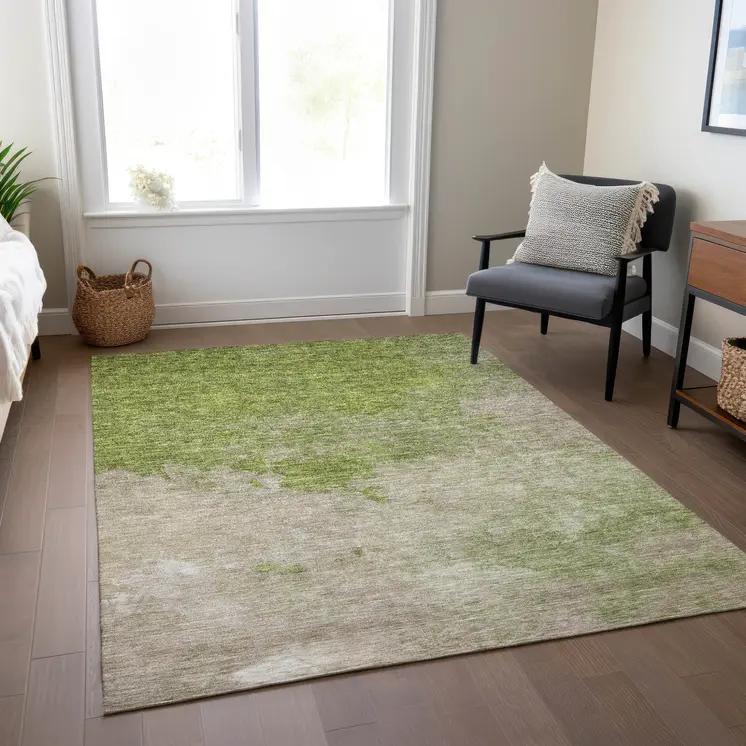 5' X 8' Olive Green And Beige Abstract Washable Indoor Outdoor Area Rug