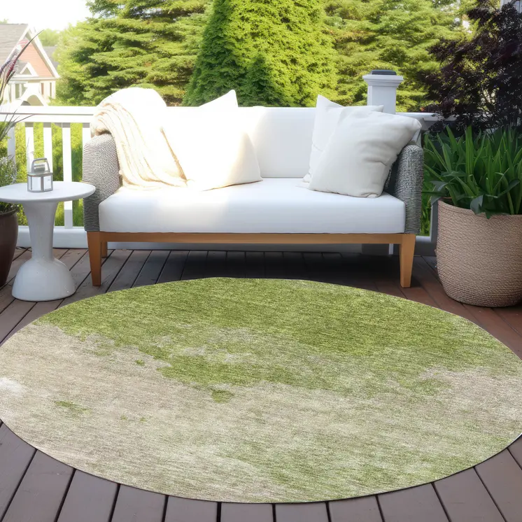 8' Olive Green And Beige Round Abstract Washable Indoor Outdoor Area Rug