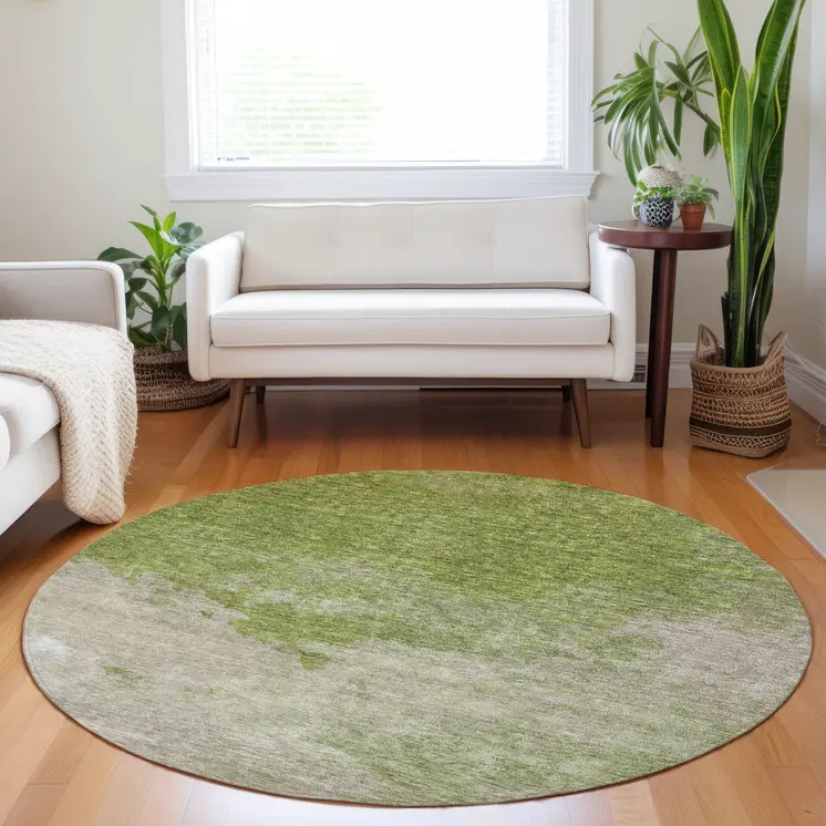 8' Olive Green And Beige Round Abstract Washable Indoor Outdoor Area Rug