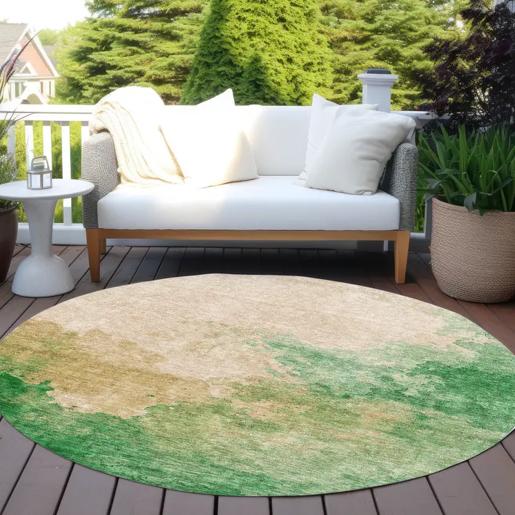 8' Peach And Green Round Abstract Washable Indoor Outdoor Area Rug