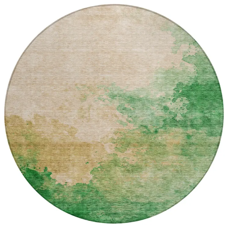 8' Peach And Green Round Abstract Washable Indoor Outdoor Area Rug