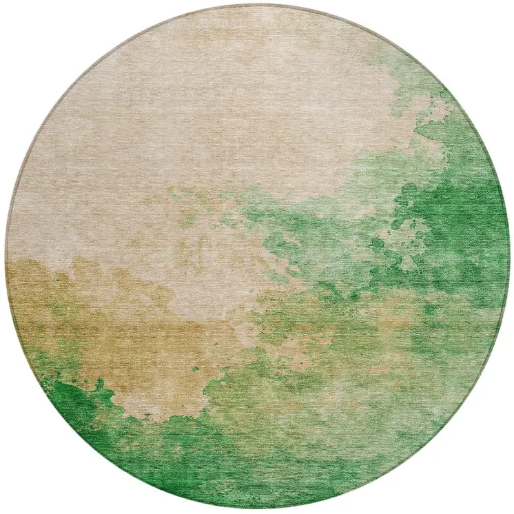8' Peach And Green Round Abstract Washable Indoor Outdoor Area Rug
