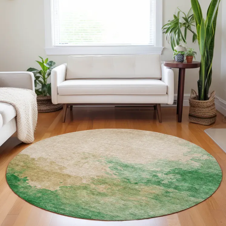 8' Peach And Green Round Abstract Washable Indoor Outdoor Area Rug