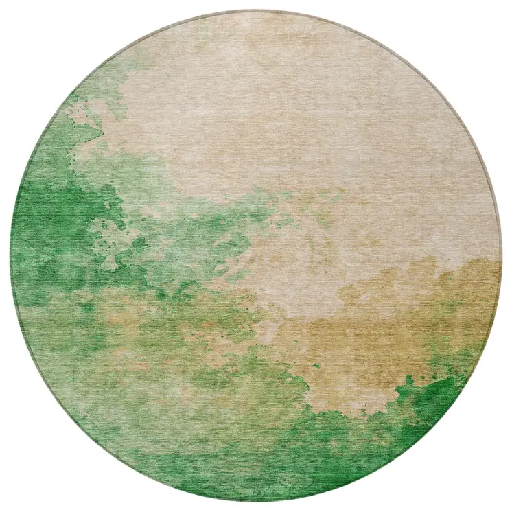 8' Peach And Green Round Abstract Washable Indoor Outdoor Area Rug