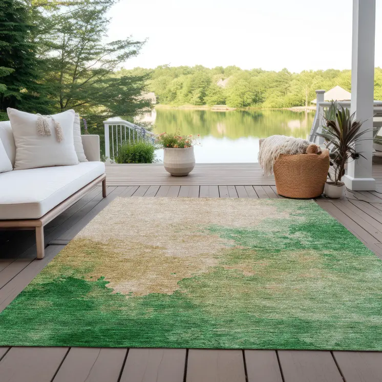 9' X 12' Peach And Green Abstract Washable Indoor Outdoor Area Rug