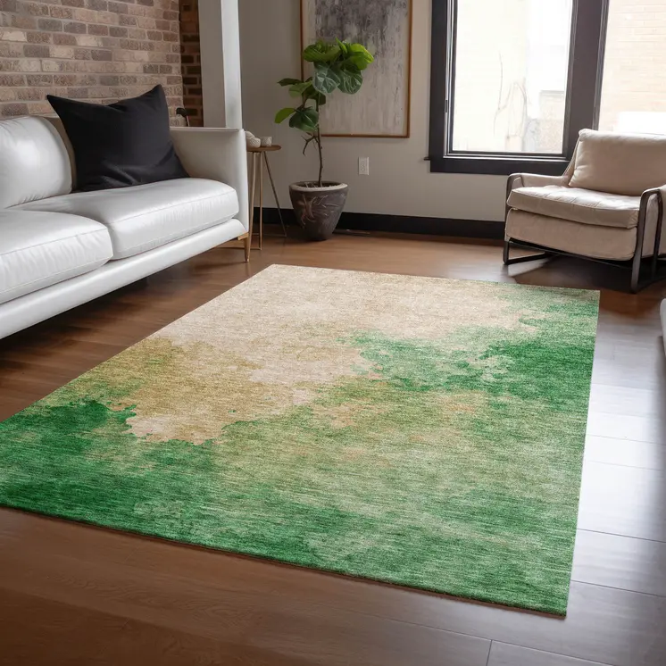 9' X 12' Peach And Green Abstract Washable Indoor Outdoor Area Rug