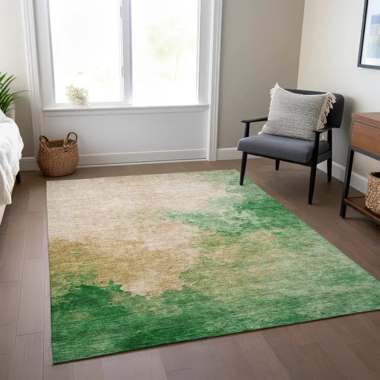 9' X 12' Peach And Green Abstract Washable Indoor Outdoor Area Rug