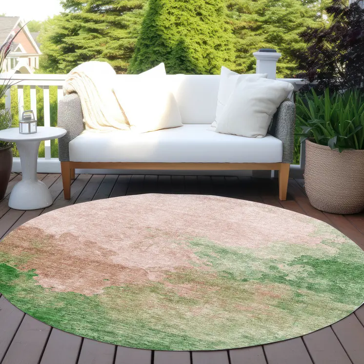 8' Pink And Green Round Abstract Washable Indoor Outdoor Area Rug