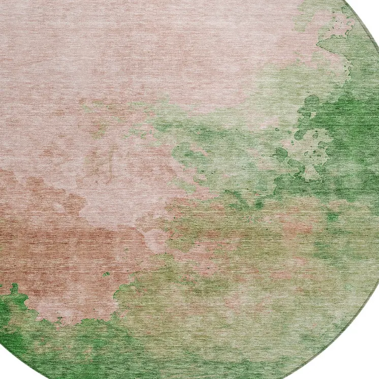8' Pink And Green Round Abstract Washable Indoor Outdoor Area Rug