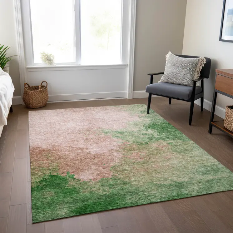 9' X 12' Pink And Green Abstract Washable Indoor Outdoor Area Rug