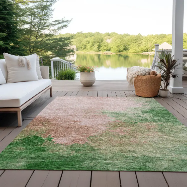 10' X 14' Pink And Green Abstract Washable Indoor Outdoor Area Rug