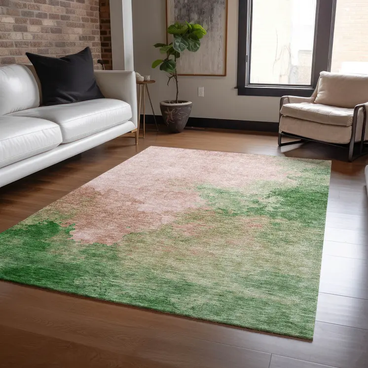 10' X 14' Pink And Green Abstract Washable Indoor Outdoor Area Rug