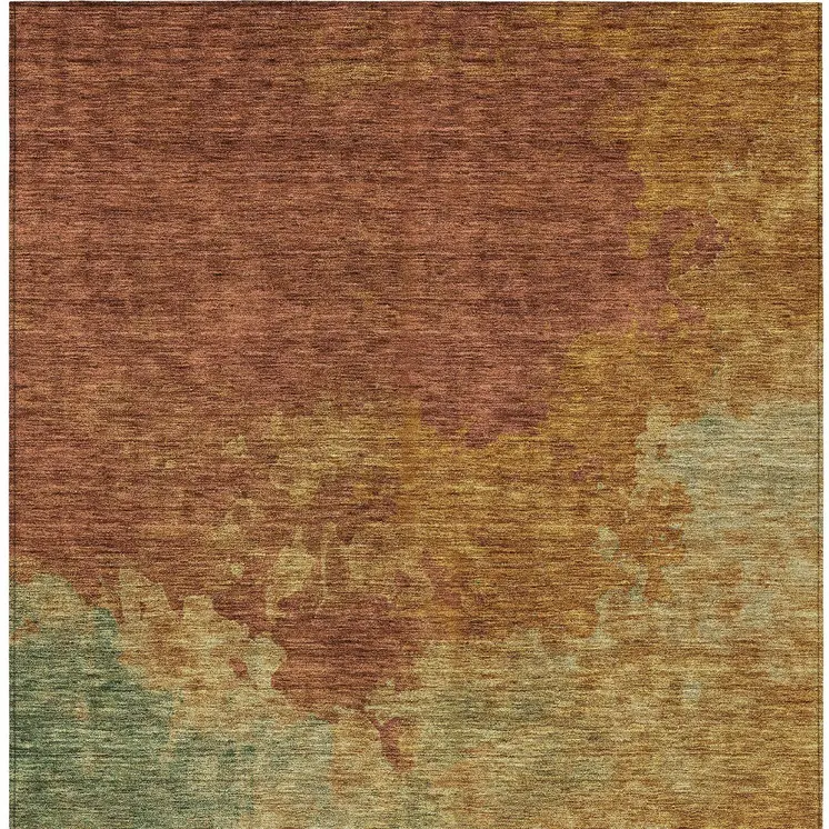 3' X 5' Terra Cotta Copper And Green Abstract Washable Indoor Outdoor Area Rug