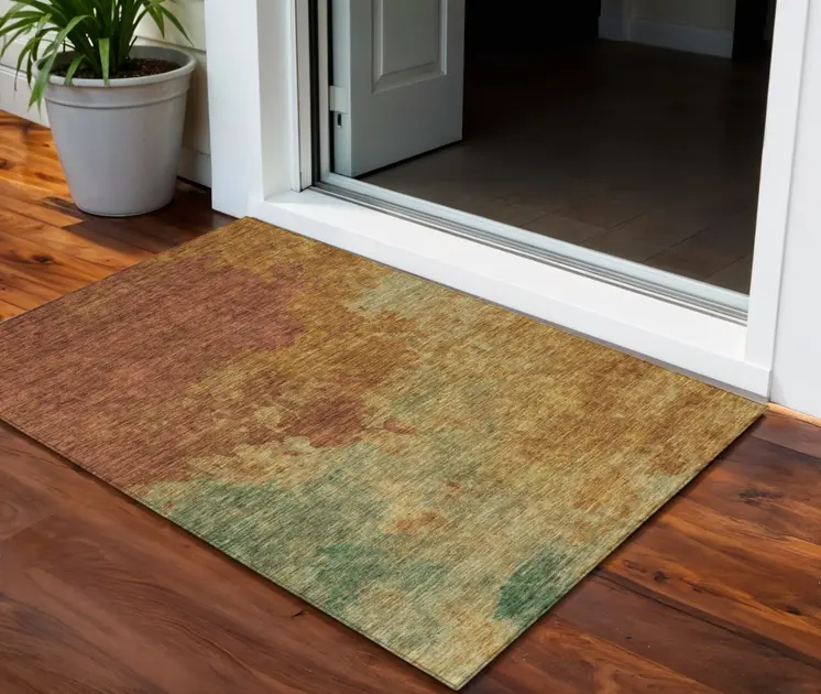 3' X 5' Terra Cotta Copper And Green Abstract Washable Indoor Outdoor Area Rug