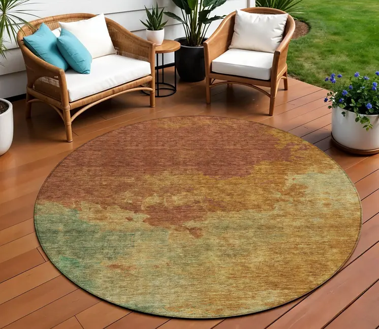 8' Terra Cotta Copper And Green Round Abstract Washable Indoor Outdoor Area Rug