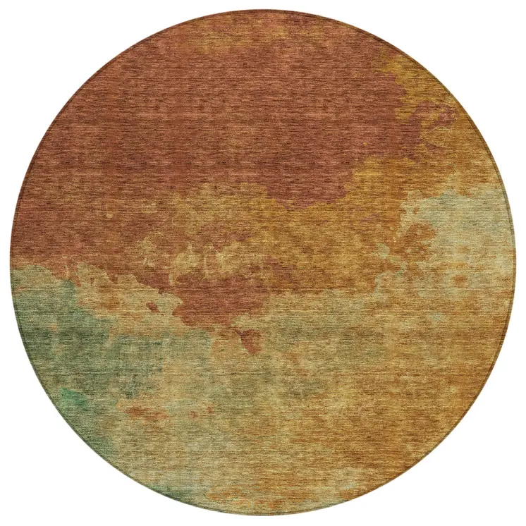 8' Terra Cotta Copper And Green Round Abstract Washable Indoor Outdoor Area Rug