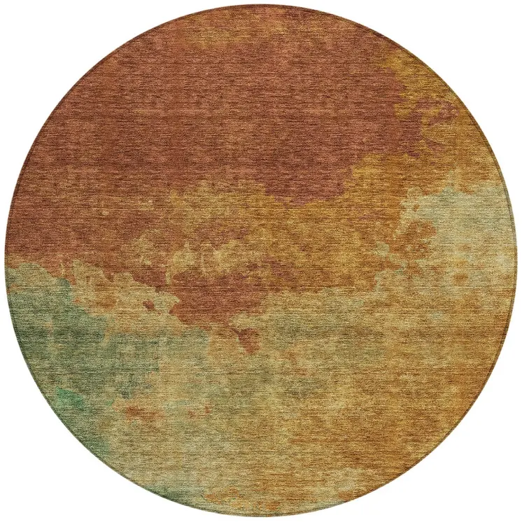 8' Terra Cotta Copper And Green Round Abstract Washable Indoor Outdoor Area Rug