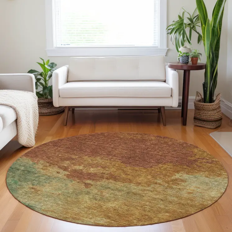 8' Terra Cotta Copper And Green Round Abstract Washable Indoor Outdoor Area Rug