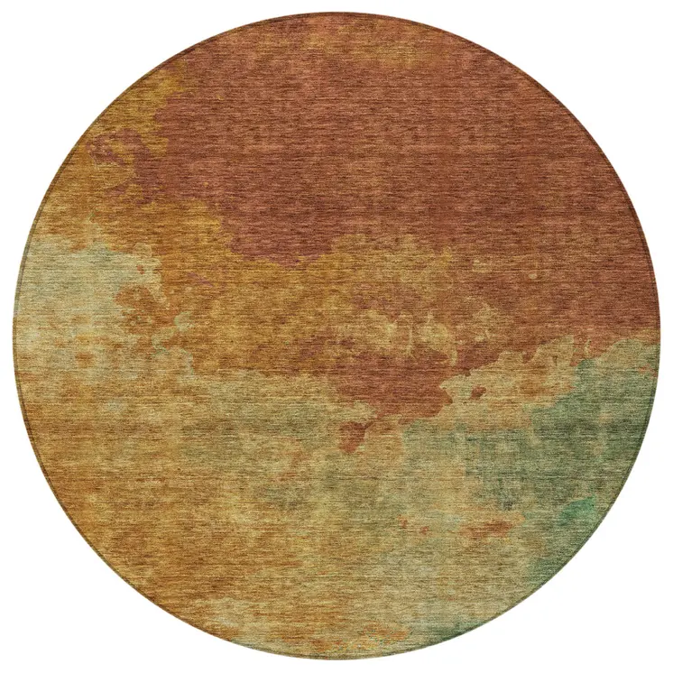 8' Terra Cotta Copper And Green Round Abstract Washable Indoor Outdoor Area Rug