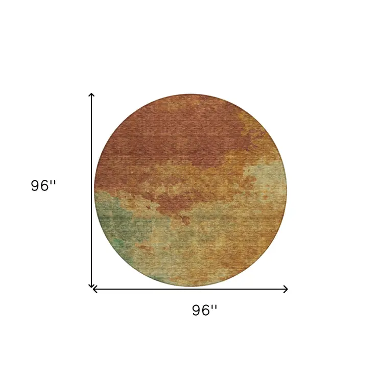 8' Terra Cotta Copper And Green Round Abstract Washable Indoor Outdoor Area Rug