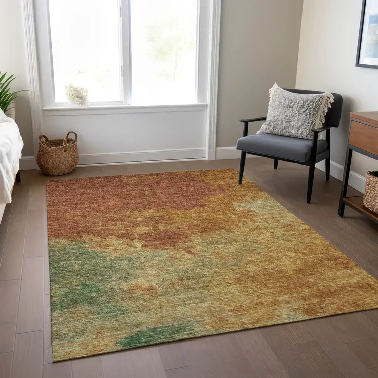 9' X 12' Terra Cotta Copper And Green Abstract Washable Indoor Outdoor Area Rug