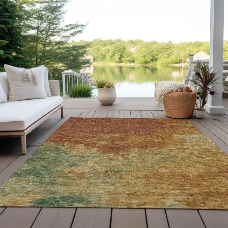 10' X 14' Terra Cotta Copper And Green Abstract Washable Indoor Outdoor Area Rug