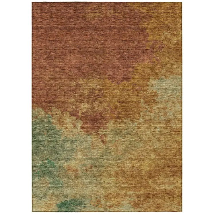 10' X 14' Terra Cotta Copper And Green Abstract Washable Indoor Outdoor Area Rug
