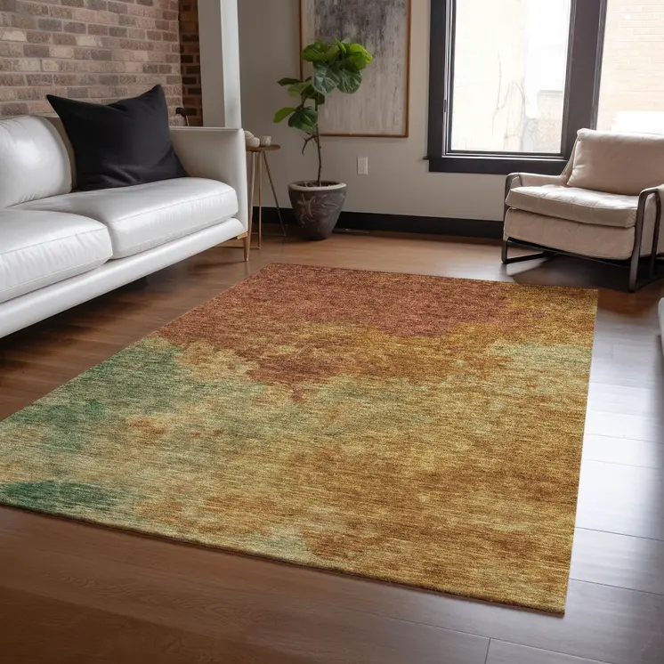 10' X 14' Terra Cotta Copper And Green Abstract Washable Indoor Outdoor Area Rug