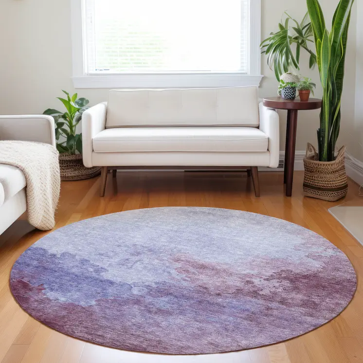 8' Purple And Lavender Round Abstract Washable Indoor Outdoor Area Rug