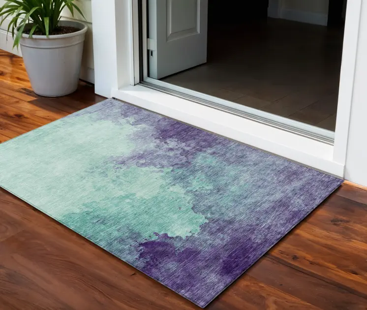 3' X 5' Blue And Purple Abstract Washable Indoor Outdoor Area Rug