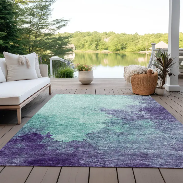 5' X 8' Blue And Purple Abstract Washable Indoor Outdoor Area Rug