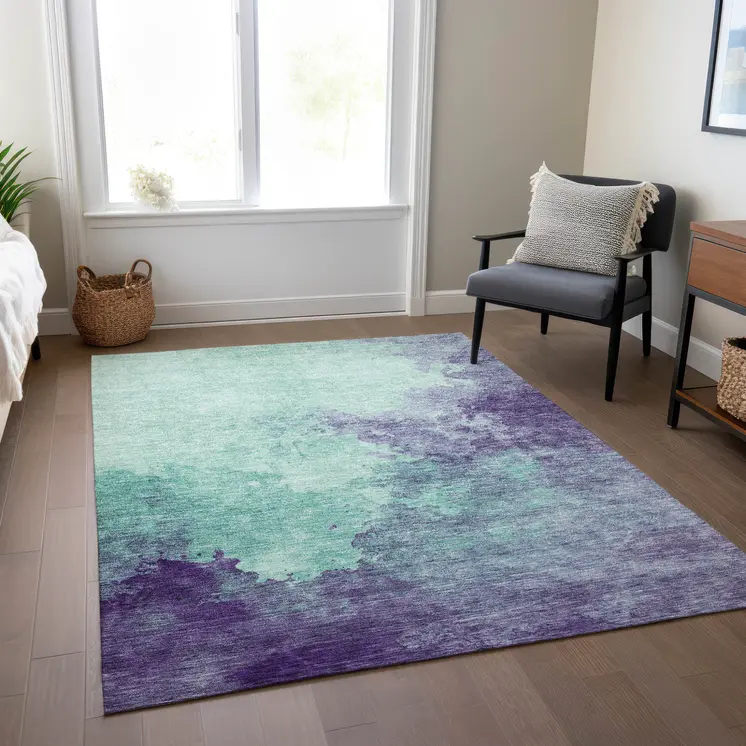 5' X 8' Blue And Purple Abstract Washable Indoor Outdoor Area Rug