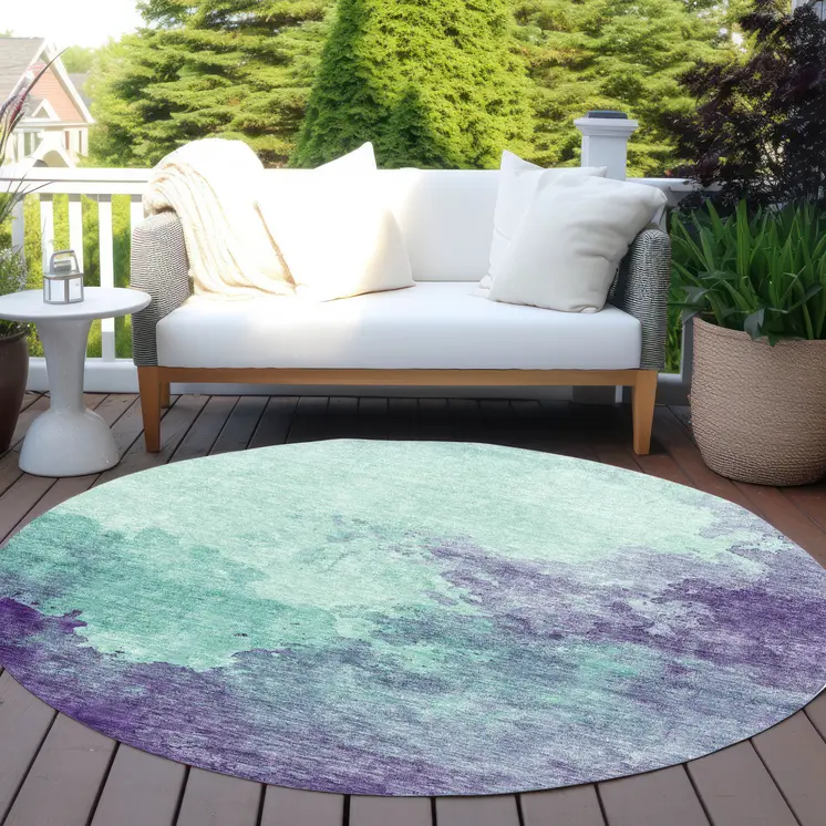 8' Blue And Purple Round Abstract Washable Indoor Outdoor Area Rug