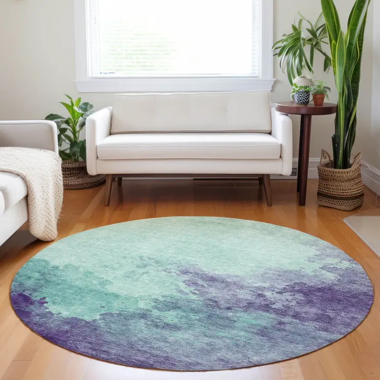 8' Blue And Purple Round Abstract Washable Indoor Outdoor Area Rug