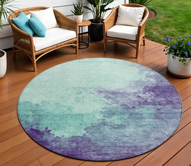 8' Blue And Purple Round Abstract Washable Indoor Outdoor Area Rug