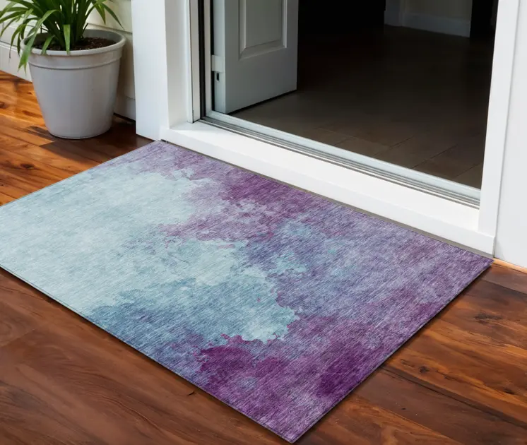 3' X 5' Sky Blue And Purple Abstract Washable Indoor Outdoor Area Rug