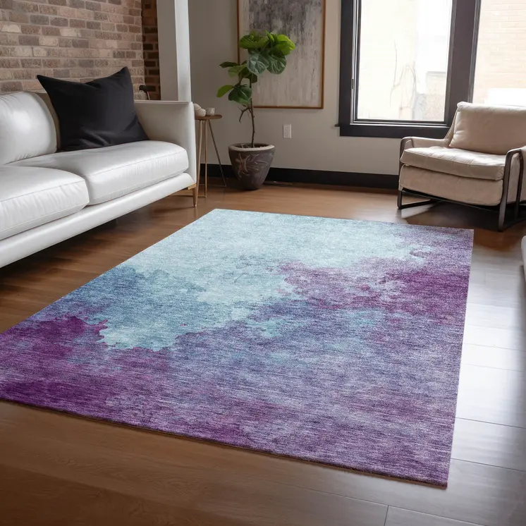 3' X 5' Sky Blue And Purple Abstract Washable Indoor Outdoor Area Rug