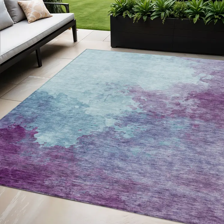 5' X 8' Sky Blue And Purple Abstract Washable Indoor Outdoor Area Rug
