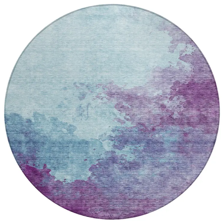 8' Sky Blue And Purple Round Abstract Washable Indoor Outdoor Area Rug