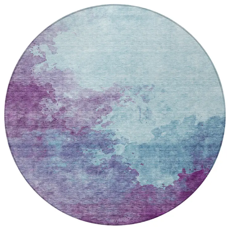 8' Sky Blue And Purple Round Abstract Washable Indoor Outdoor Area Rug
