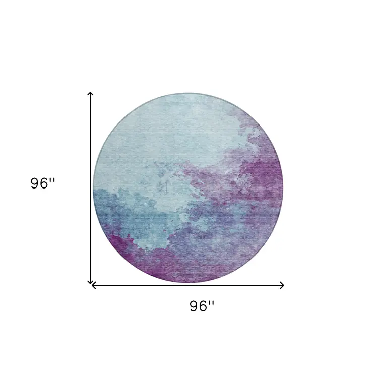 8' Sky Blue And Purple Round Abstract Washable Indoor Outdoor Area Rug
