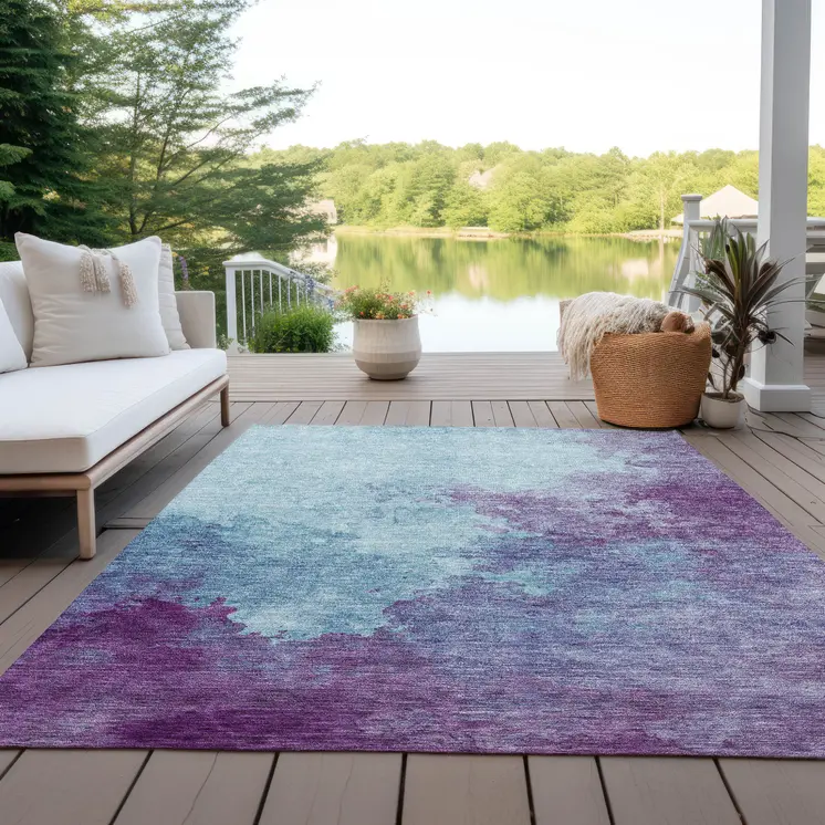 10' X 14' Sky Blue And Purple Abstract Washable Indoor Outdoor Area Rug
